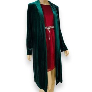 Emerald Green Long Sleeve Open Front Velvet Long Jacket - NEW